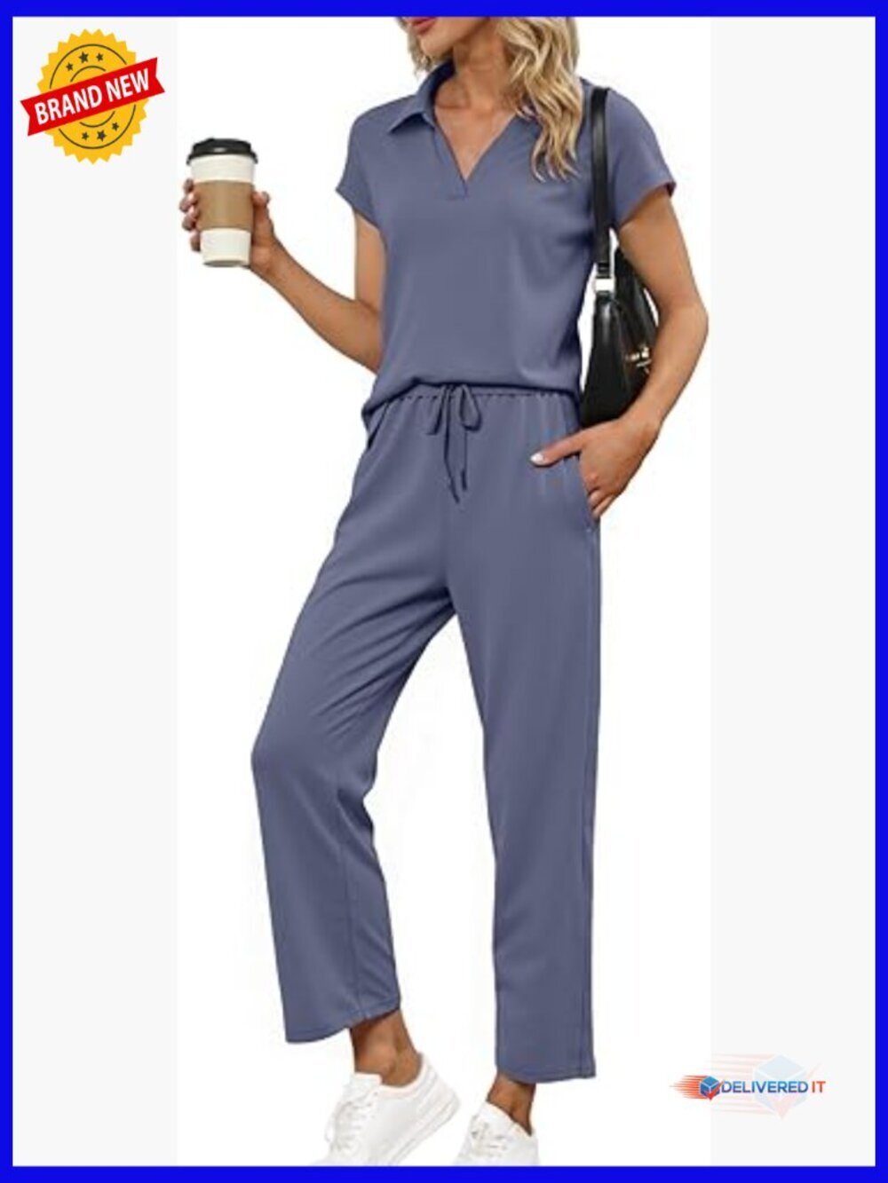 Womens 2 Piece Summer Lounge Set Cap Sleeve Polo Top Wide Leg Pant Tracksuit